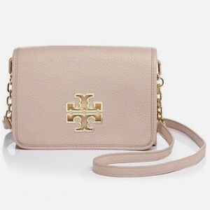 Tory Burch Britten Cream Pebbled Leather Crossbody with Gold Logo